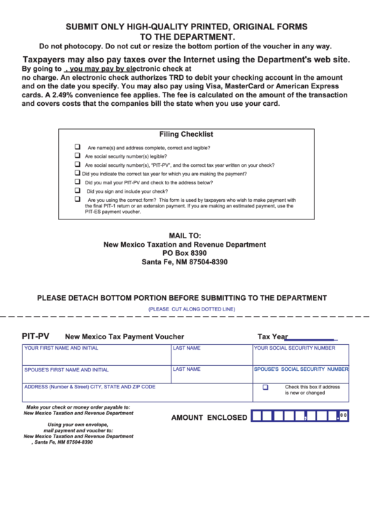 Form Pit-Pv - New Mexico Tax Payment Voucher Printable pdf