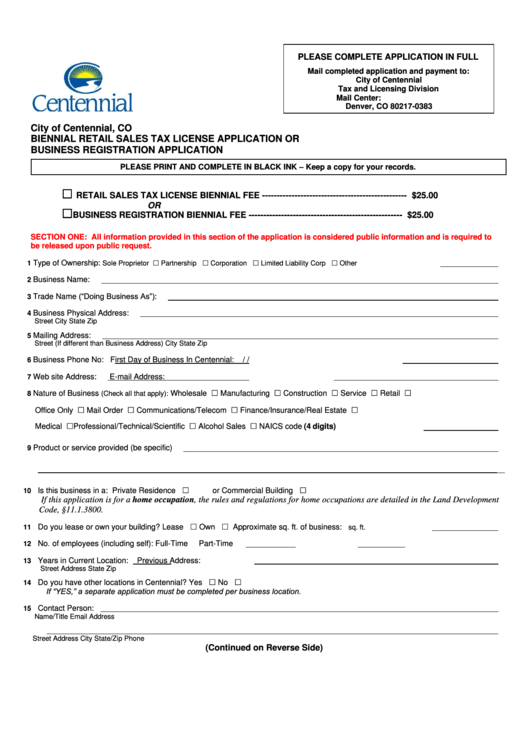 Biennial Retail Sales Tax License Application Or Business Registration Application - City Of Centennial Printable pdf