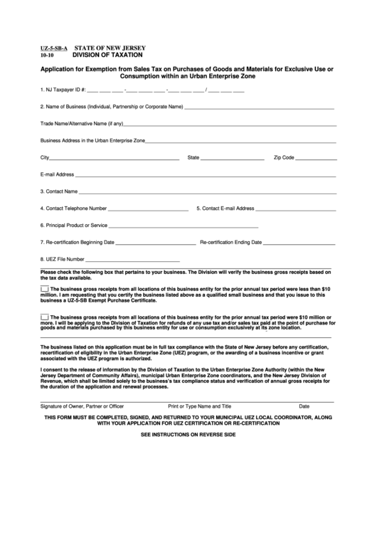Fillable Form Uz-5-Sb-A - Application For Exemption From Sales Tax Printable pdf