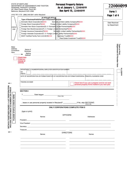 Form 1 - Personal Property Return - 2009 Printable pdf