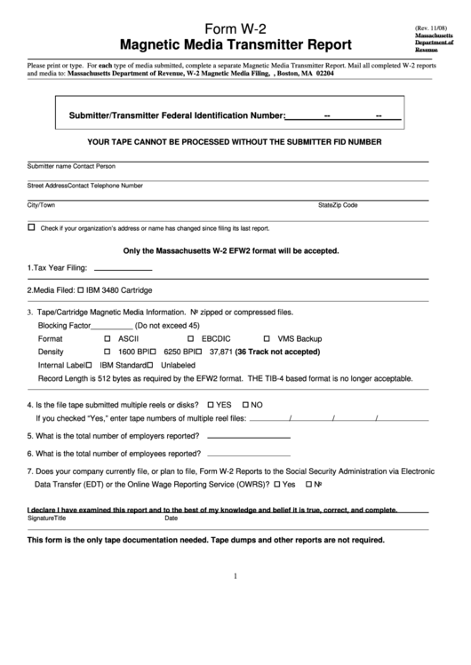 Form W-2 - Magnetic Media Transmitter Report Printable pdf