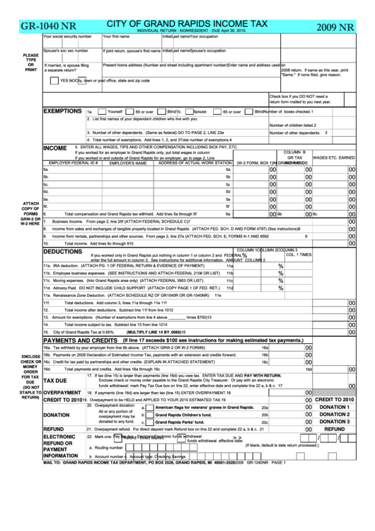 Form Gr-1040 Nr - City Of Grand Rapids Income Tax - 2009 Printable pdf
