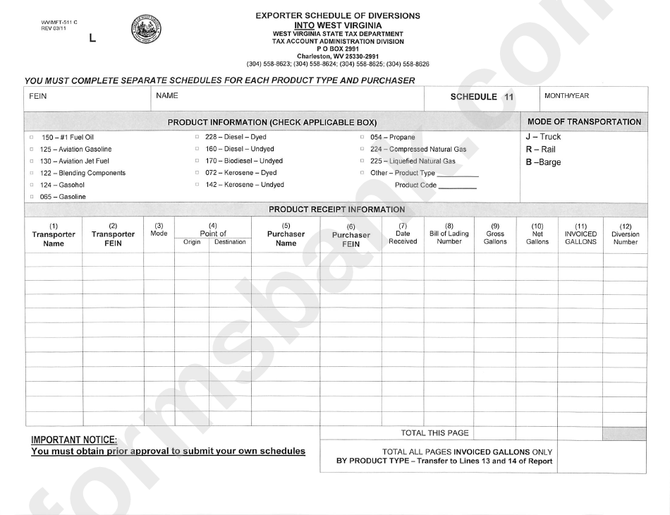 Form Wv/mft-511 C - Exporter Schedule Of Diversions Into West Virginia - 2011