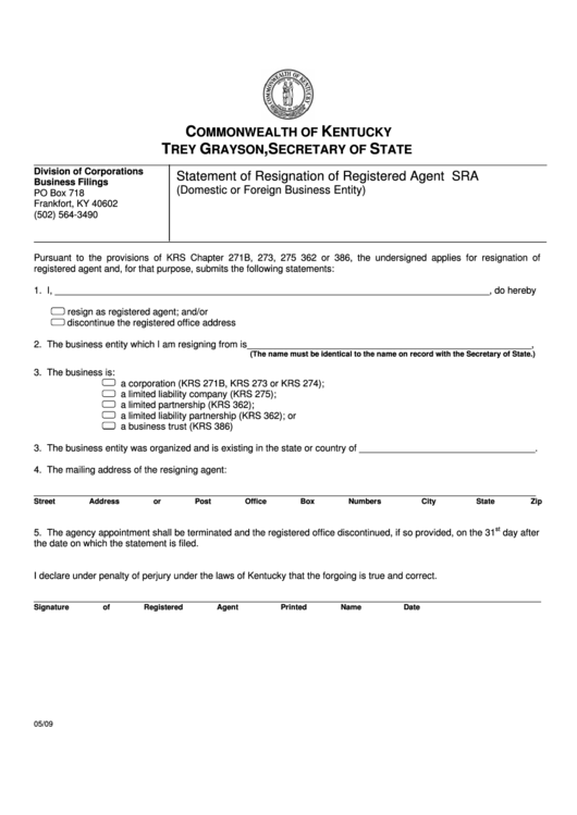 Fillable Form Sra - Statement Of Resignation Of Registered Agent - 2009 Printable pdf