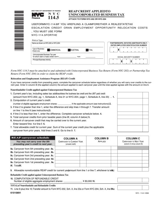 Form Nyc 114.5 - Reap Credit Applied To Unincorporated Business Tax - 2008 Printable pdf