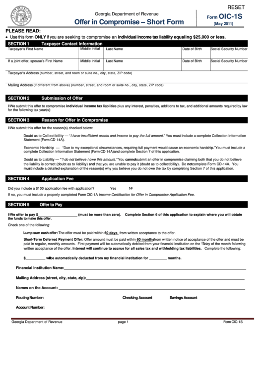Fillable Form Oic-1s - Offer In Compromise - Short Form - State Of Georgia Printable pdf