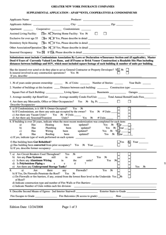 Fillable Supplemental Application Form - Apartments, Cooperatives & Condominiums - Greater New York Insurance Companies Printable pdf