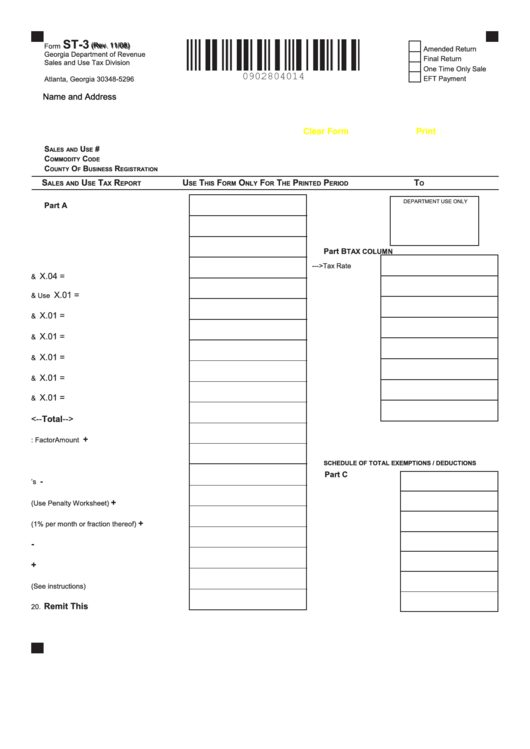 Fillable Form St-3 - Sales And Use Tax Report - 2008 Printable pdf