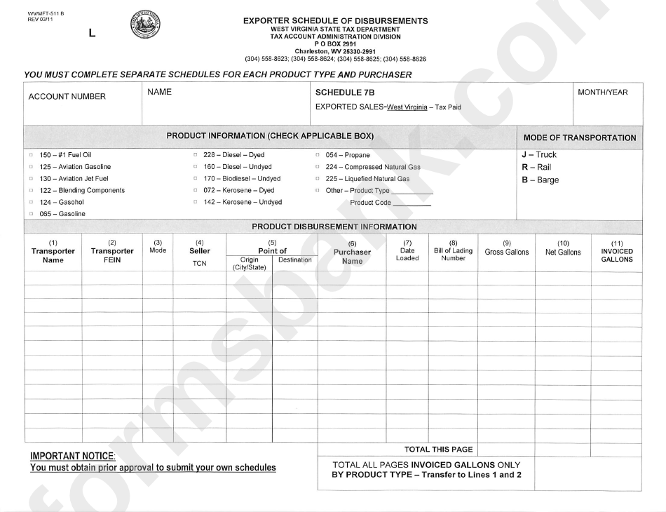 Form Wv/mft-511 B - Exporter Schedule Of Disbursements - 2011