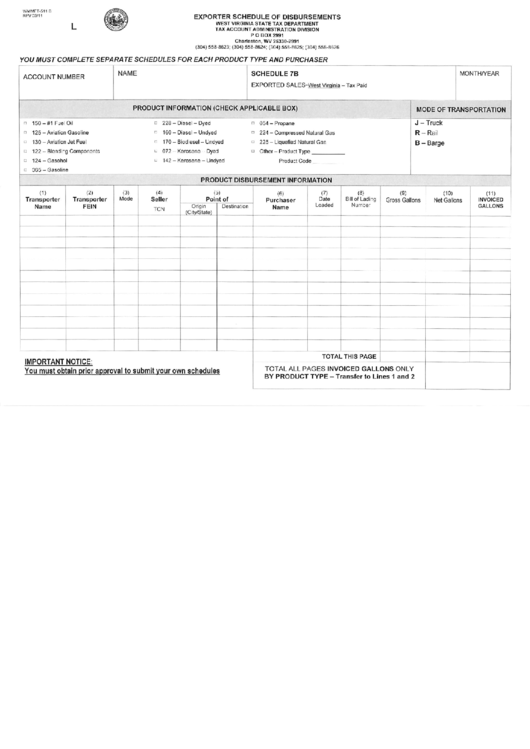Form Wv/mft-511 B - Exporter Schedule Of Disbursements - 2011 Printable pdf