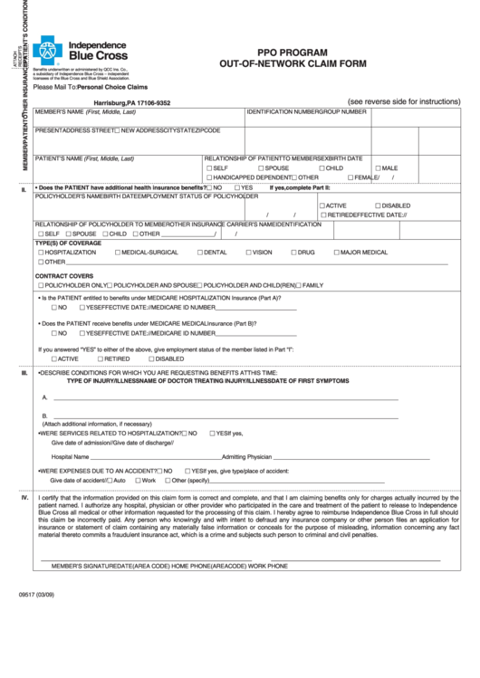 Ppo Program Out-Of-Network Claim Form - Bcbs Pennsylvania Printable pdf