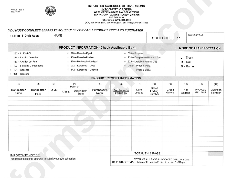 Form Wv/mft-508 D - Importer Schedule Of Diversions Into West Virginia
