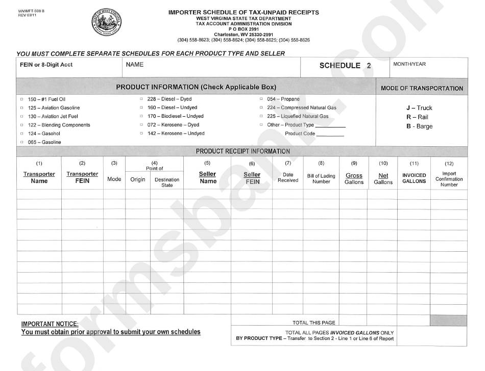 Form Wv/mft-50b B - Importer Schedule Of Tax-Unpaid Receipts - 2011