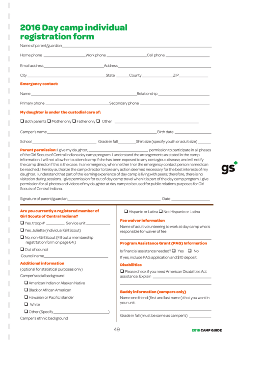 Day Camp Individual Registration Form - 2016 Printable pdf