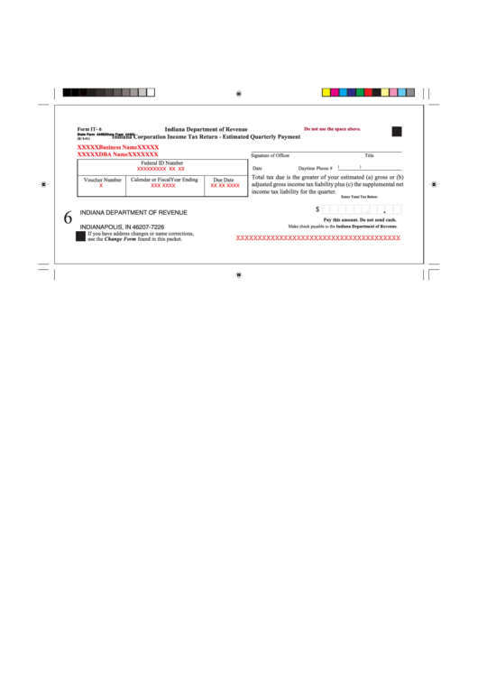 Form It-6 - Indiana Corporation Income Tax Return - Estimated Quarterly Payment - Indiana Department Of Revenue Printable pdf