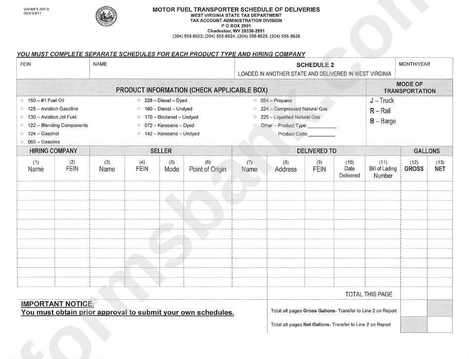 Form Wv/mft-507 B - Motor Fuel Transporter Schedule Of Deliveries - 2011