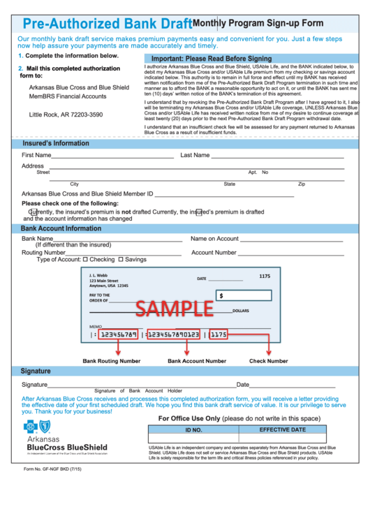 Pre-Authorized Bank Draft - Arkansas Blue Cross And Blue Shield Printable pdf