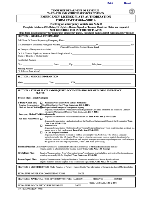 Fillable Form Rv-F1313901 - Emergency License Plate Authorization - Tennessee Department Of Revenue Printable pdf