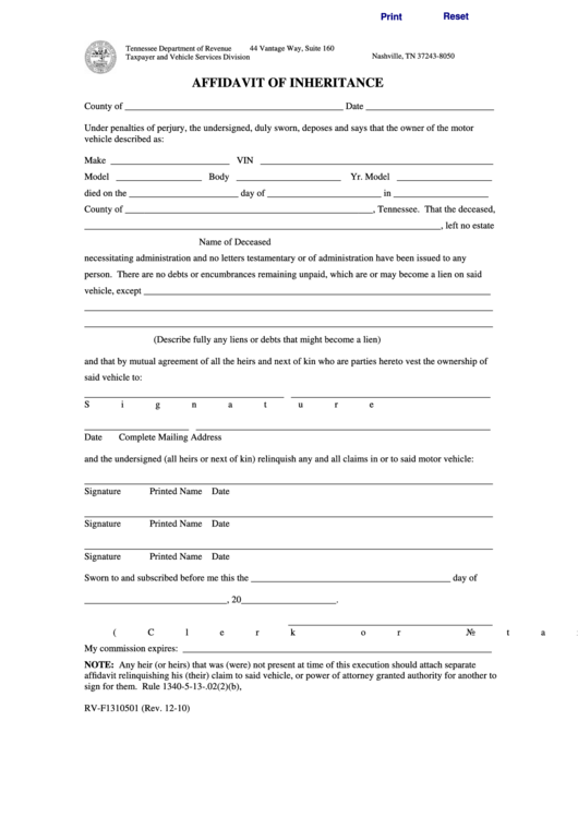 Fillable Form Rv-F1310501 - Affidavit Of Inheritance - Tennessee Department Of Revenue Printable pdf
