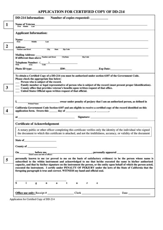 Fillable Form Dd-214 - Application For Certified - State Of California Printable pdf