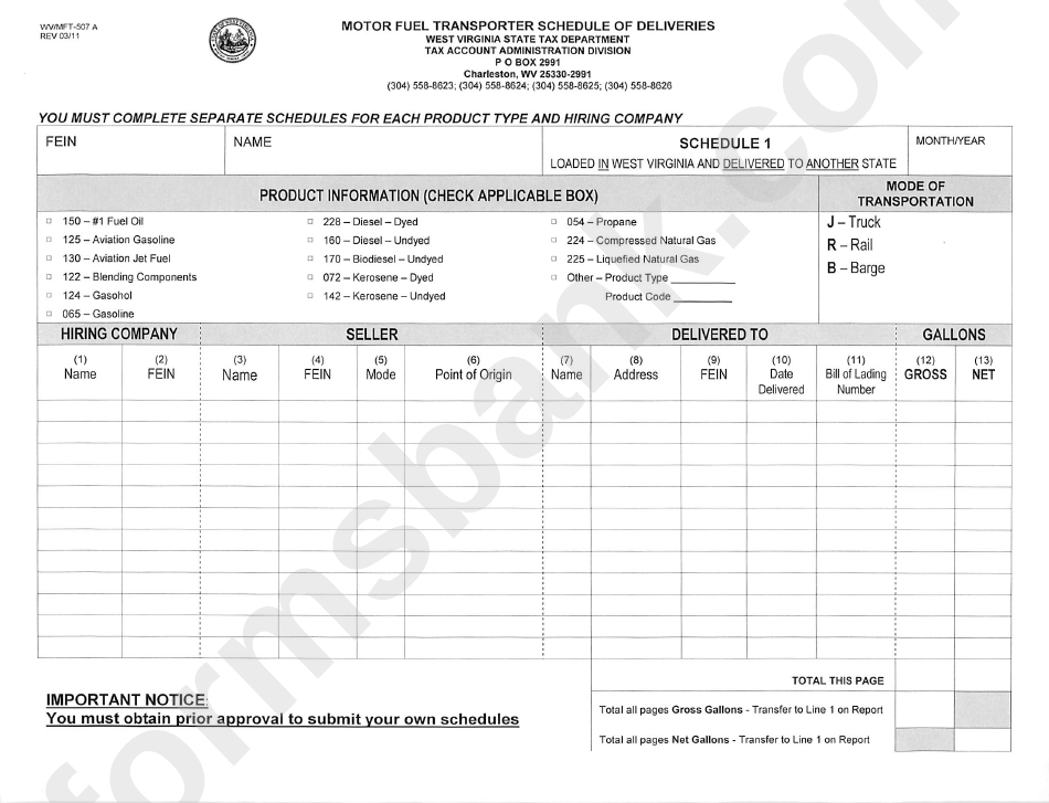 Form Wv/mft-507 A - Motor Fuel Transporter Schedule Of Deliveries - 2011