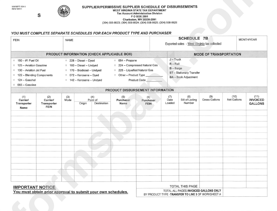 Form Wv/mft-504 I - Supplier/permissive Supplier Schedule Of Disbursements - 2011