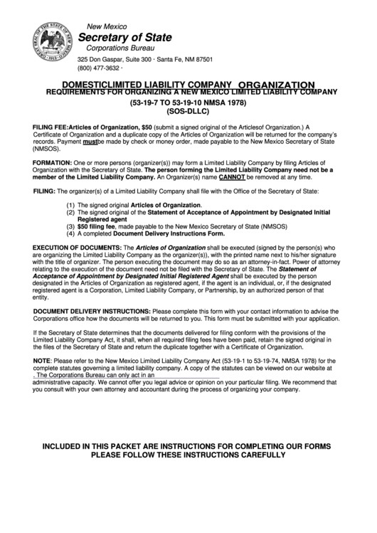 Instructions For Organizing A New Mexico Limited Liability Company - New Mexico Secretary Of State Corporations Bureau Printable pdf
