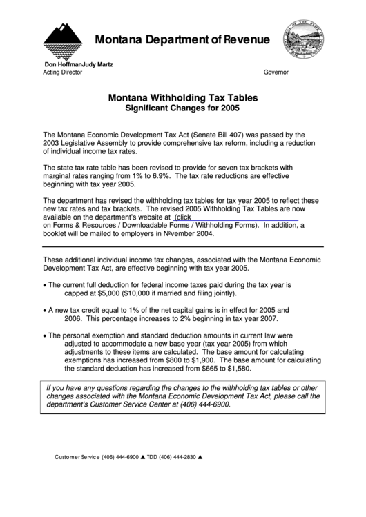 Montana Withholding Tax Tables - Montana Department Of Revenue - 2005 Printable pdf