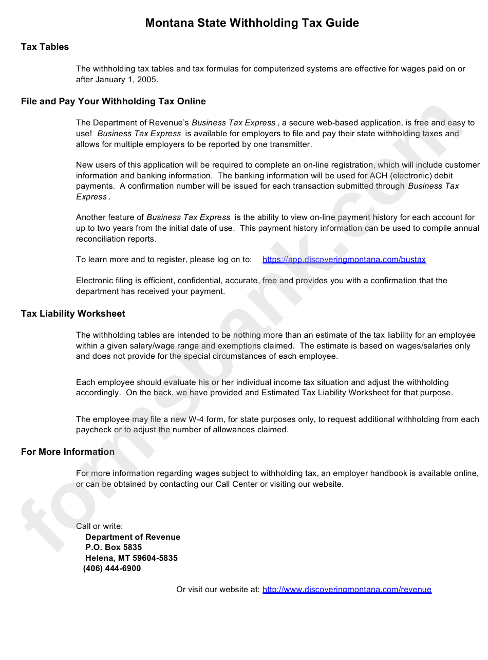 Montana Withholding Tax Tables - Montana Department Of Revenue - 2005