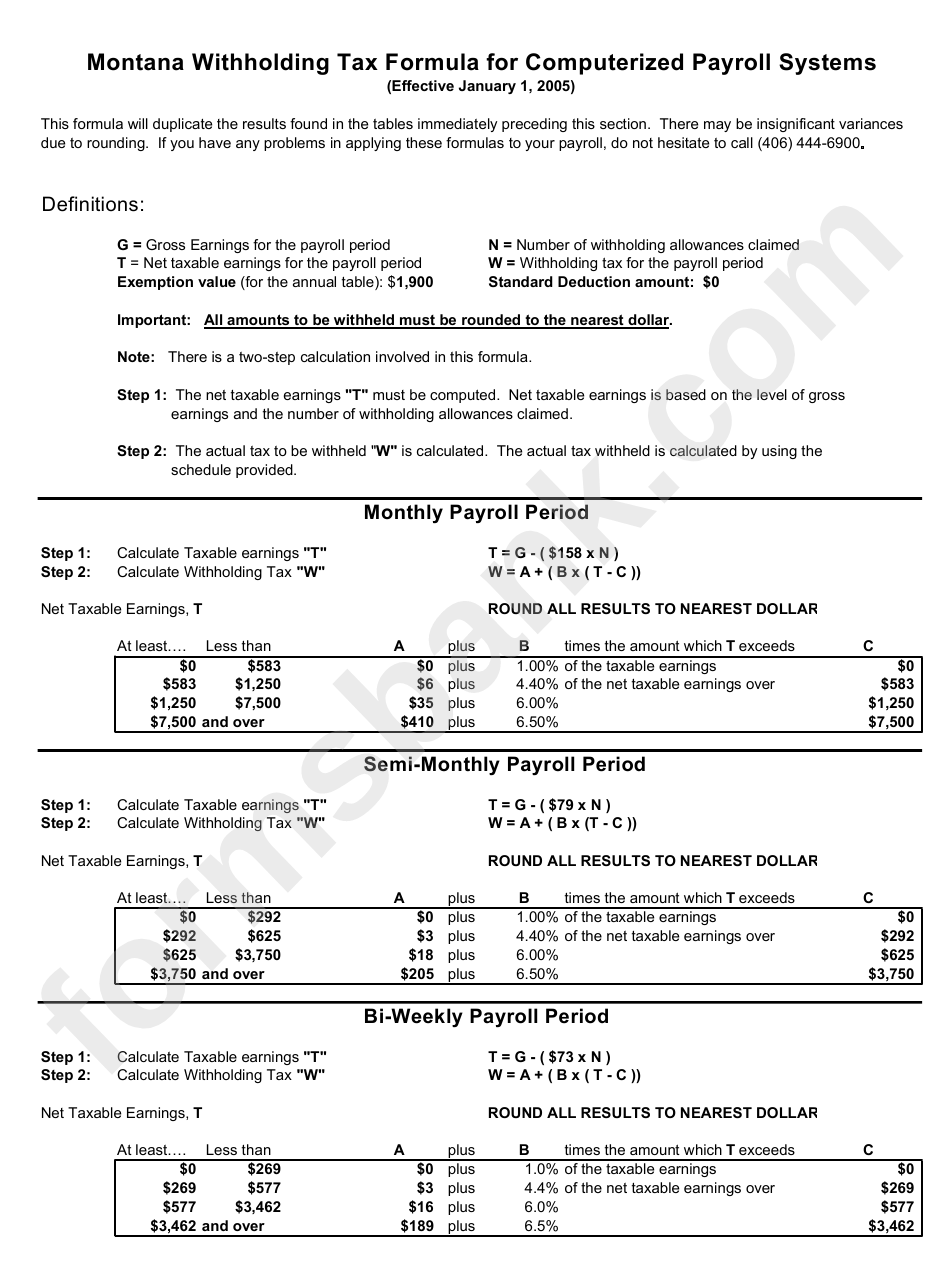 Montana Withholding Tax Tables - Montana Department Of Revenue - 2005