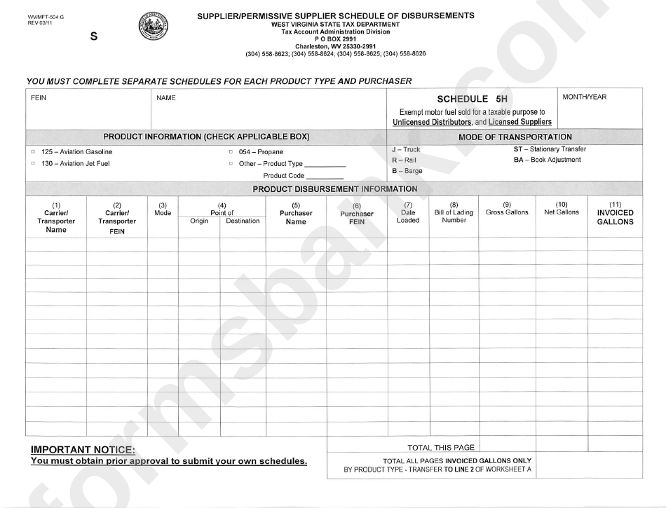 Form Wv/mft-S04 G - Supplier/permissive Supplier Schedule Of Disbursements - 2011