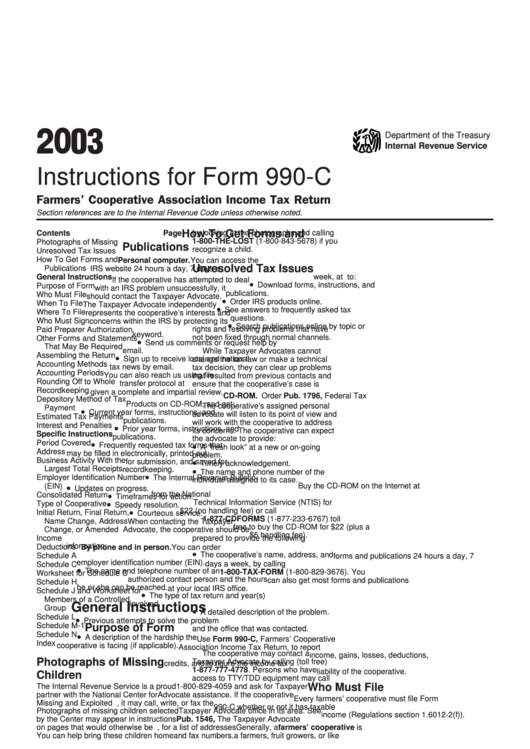 Instructions For Form 990-c - Farmers' Cooperative Association Income Tax Return - Internal Revenue Service - 2003