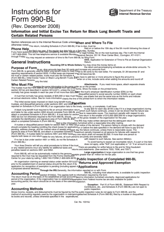 Instructions For Form 990-Bl - Information And Initial Excise Tax Return For Black Lung Benefit Trusts And Certain Related Persons - Internal Revenue Service Printable pdf
