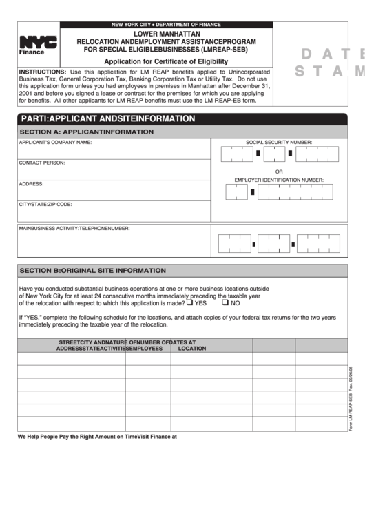 Form Lm-Reap-Seb - Application For Certificate Of Eligibility - 2008 Printable pdf