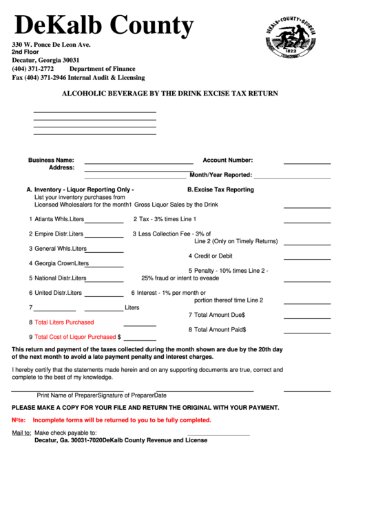 Alcoholic Beverage By The Drink Excise Tax Return Form - Department Of Finance Internal Audit & Licensing
