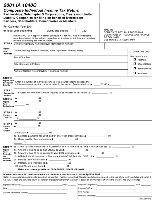 Form Ia 1040c - Composite Individual Income Tax Return - 2001 Printable pdf