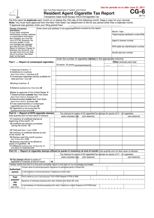 Form Cg-6 - Resident Agent Cigarette Tax Report - 2011 Printable pdf