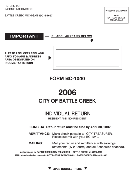 Form Bc-1040 - Individual Return Resident And Nonresident Instructions - Income Tax Division City Of Battle Creek - 2006 Printable pdf