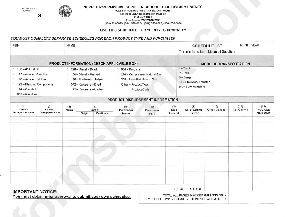 Form Wv/mft-504 E - Supplier/permissive Supplier Schedule Of Disbursements - 2011
