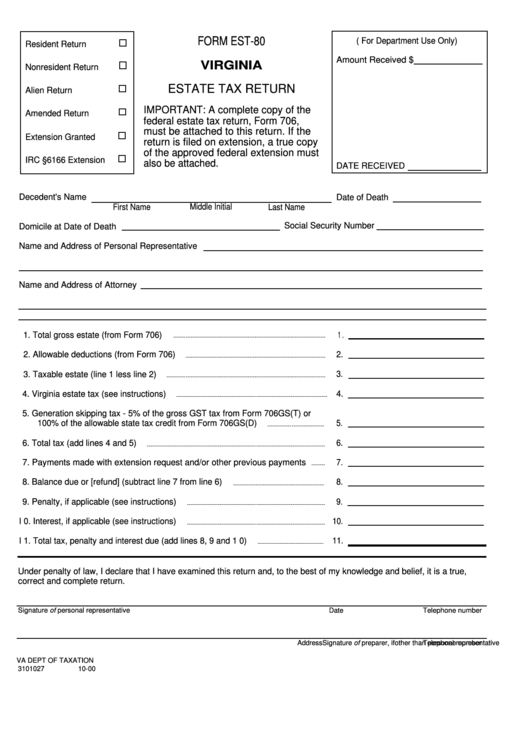 Fillable Form Est-80 - Estate Tax Return - Virginia Department Of Taxation Printable pdf