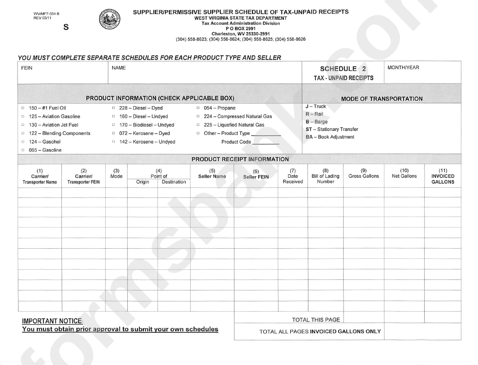 Form Wv/mft-504 B - Supplier/permissive Supplier Schedule Of Tax-Unpaid Receipts