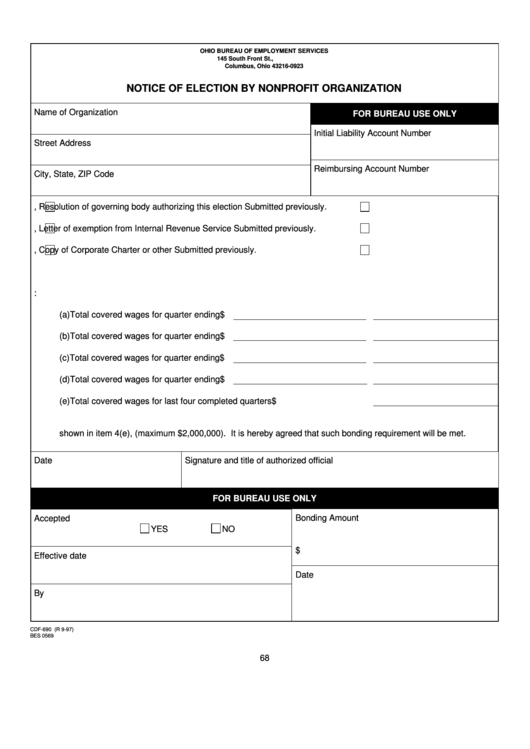 Notice Of Election By Nonprofit Organization Form - Ohio Bureau Of Employment Services Printable pdf