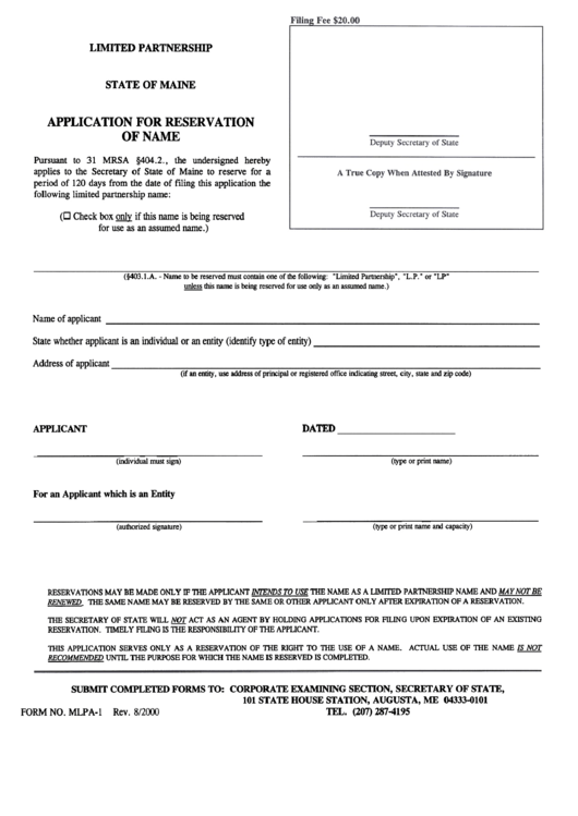 Form Mlpa-1 - Application For Reservation Of Name - Maine Secretary Of ...