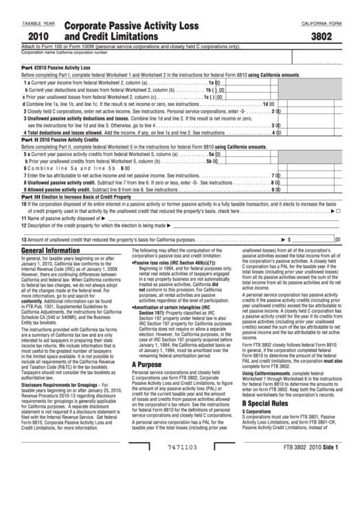 Fillable California Form 3802 - Corporate Passive Activity Loss And Credit Limitations - 2010 Printable pdf
