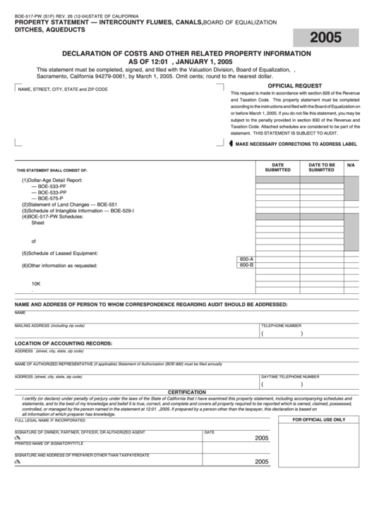 Fillable Form Boe-517-Pw - Property Statement - Intercounty Flumes, Canals, Ditches, Aqueducts - California Board Of Equalization Printable pdf