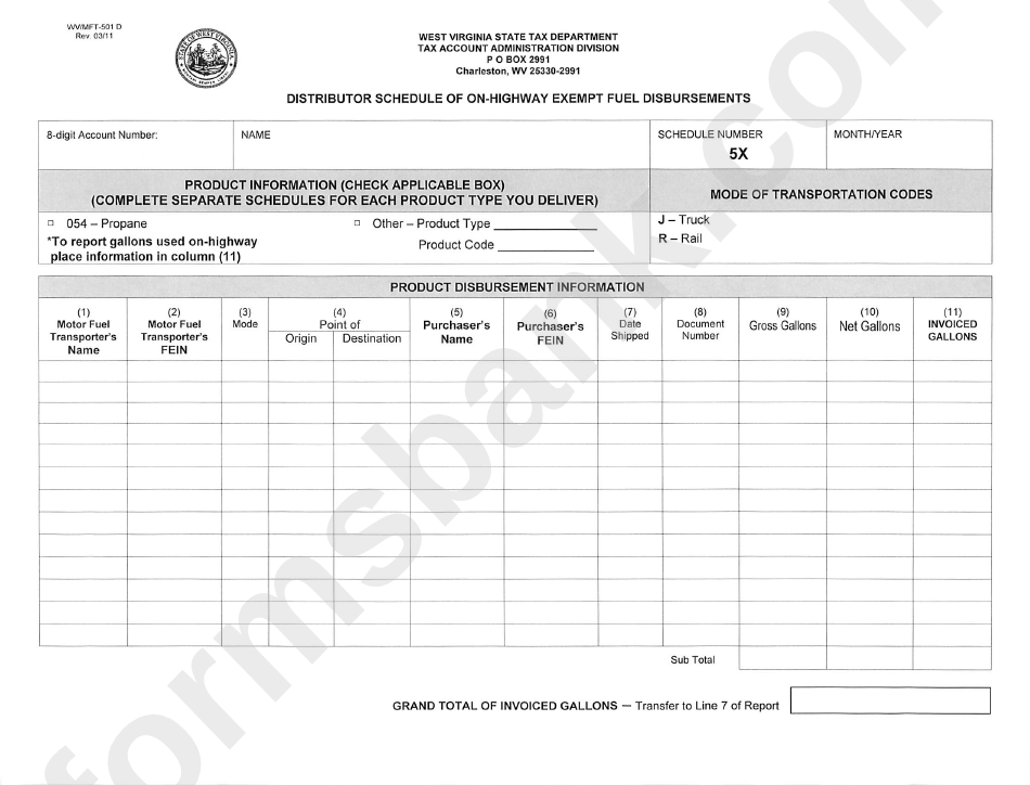 Form Wv/mft 501 D - Distributor Schedule Of On-Highway Exempt Fuel Disbursements - 2011