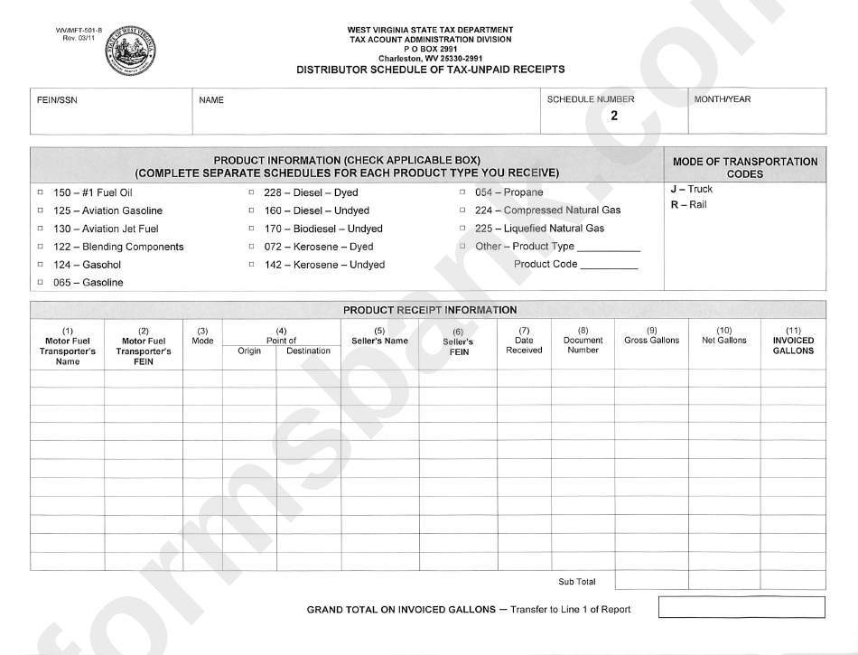 Form Wv/mft-501-B - Distributor Schedule Of Tax-Unpaid Receipts - 2011