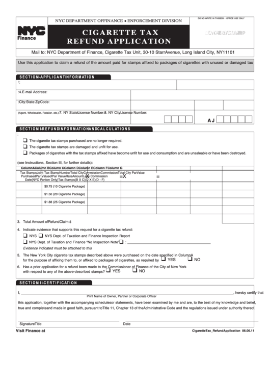 Cigarette Tax Refund Application Form Printable pdf