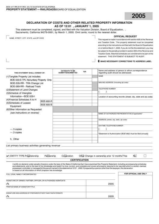 Fillable Form Boe-517-Rr - Property Statement - Railroads - California Board Of Equalization Printable pdf