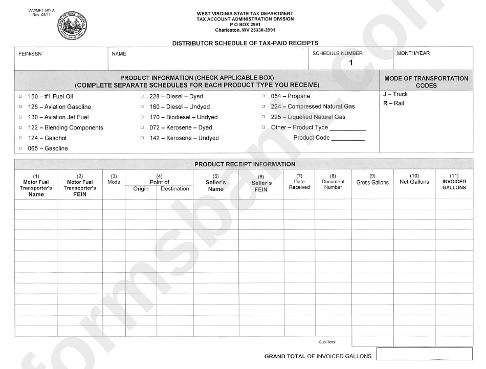 Form Wv/mft-501 A - Distributor Schedule Of Tax-Paid Receipts - 2011